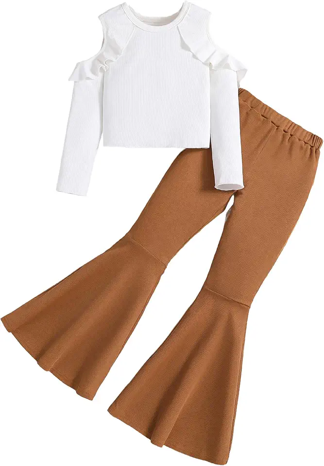 Hilinker Girl's Long Sleeve 2 Piece Outfits Ribbed Ruffle Cold Shoulder Top and Flare Pants Set