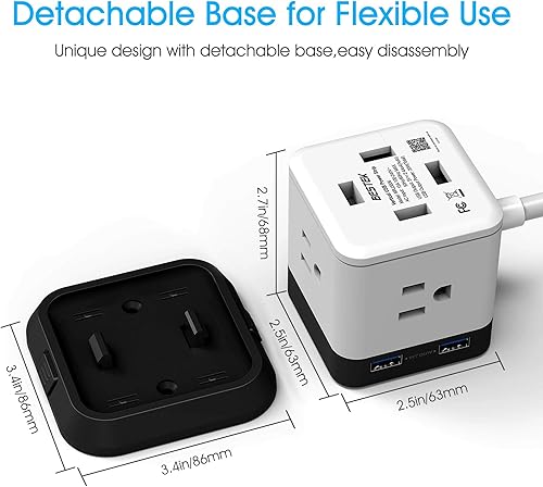 Miniatura 4 de BESTEK Regleta de alimentación con USB, enchufe múltiple con 3 tomacorrientes, 4 USB, cable de extensión de 5 pies, torre protectora de