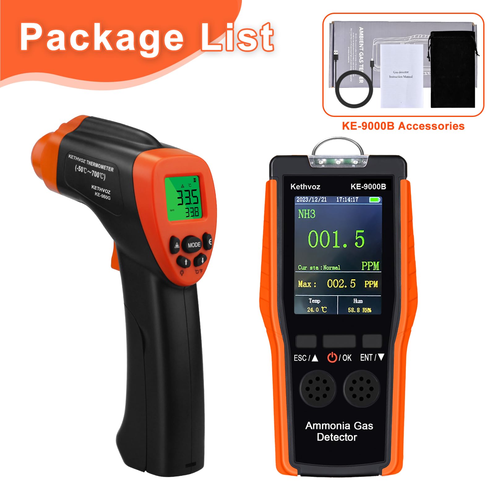 Ammoniak-Gasdetektor 0-100ppm Elektrochemischer Sensor + Infrarot-Thermometer -50℃-700℃, 16:1 Abstandsverhältnis für industrielle Sicherheit, Farmen & Labore, 9000B + 980G