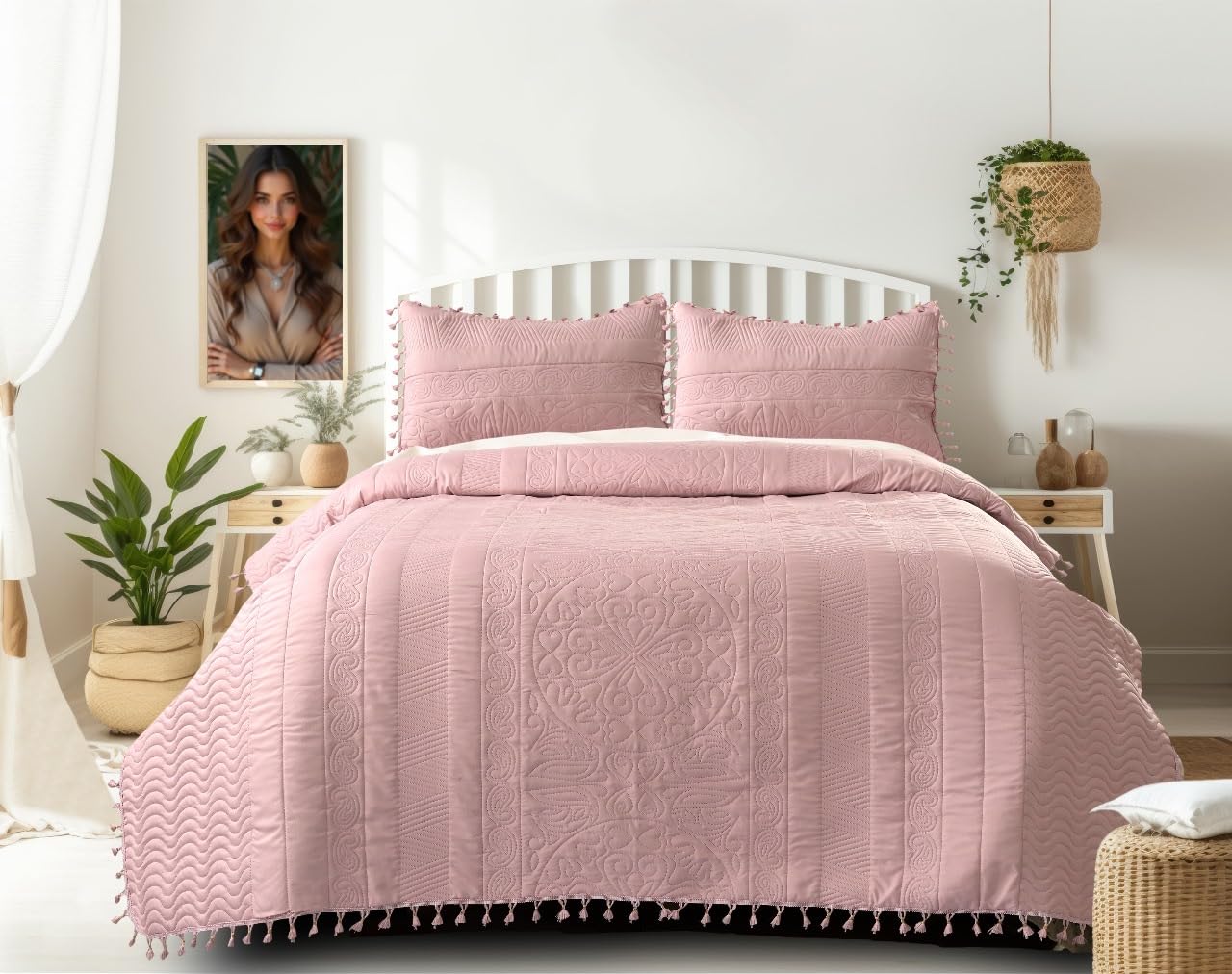 King Size Quilted Bedcover || Bedding Set with Tassels, Embossed Patter (Size 100x108 Inchs) with Matching Pillow Covers (Size 46x68 Cms) (Baby Pink)-image-13