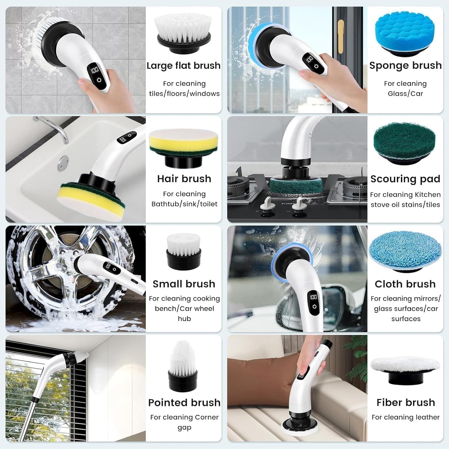 COOKVITA 9 in 1 Electric Spin Scrubber,Cleaning Brush Scrubber for Home, 300RPM/Mins 8 Brush Heads - 90Mins Work Time, 3 Adjustable Size, 2 Adjustable Speeds for Bathroom Shower Bathtub Car 1