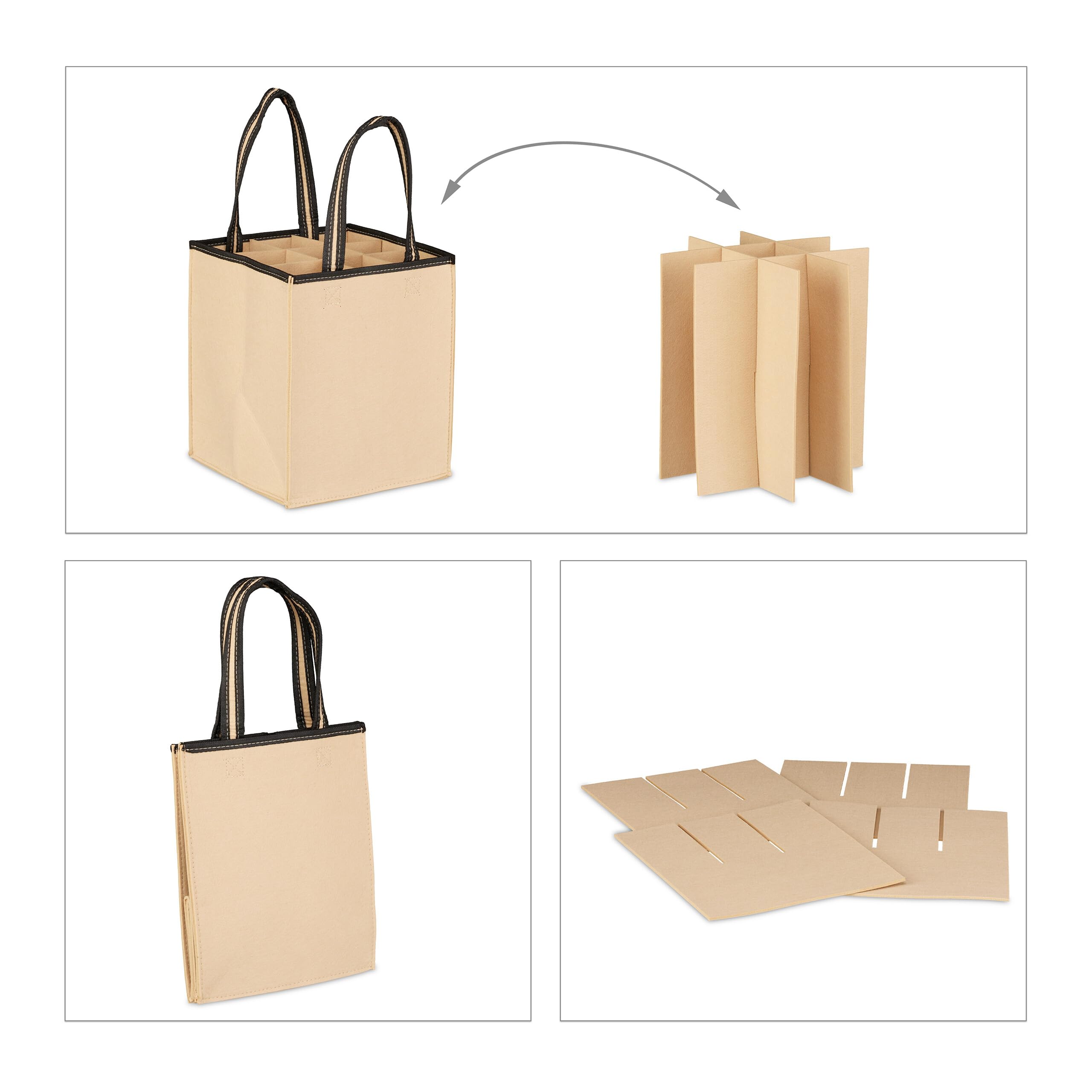 Relaxdays 9 Bolsas para 9 Botellas, Portabotellas de Fieltro, para Transportar la Compra, Cerveza, Agua, 45 x 24 x 24 cm, Beige