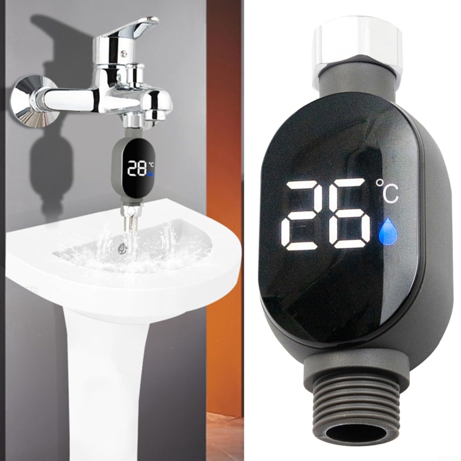 Thermomètre de douche numérique à LED en acier inoxydable avec affichage LED de 0 à 99 °C Compatible avec tuyaux d'eau et têtes de douche 1/2"
