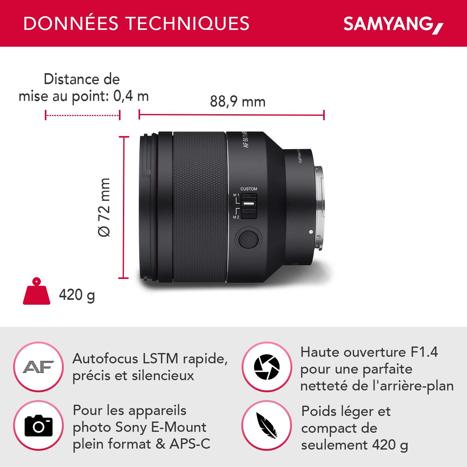SAMYANG AF 50 mm F1.4 II FE pour Sony E - objectif autofocus standard pour appareils photo hybrides de Sony, pour capteurs plein format et APS-C, idéal pour les prises de vue détaillées