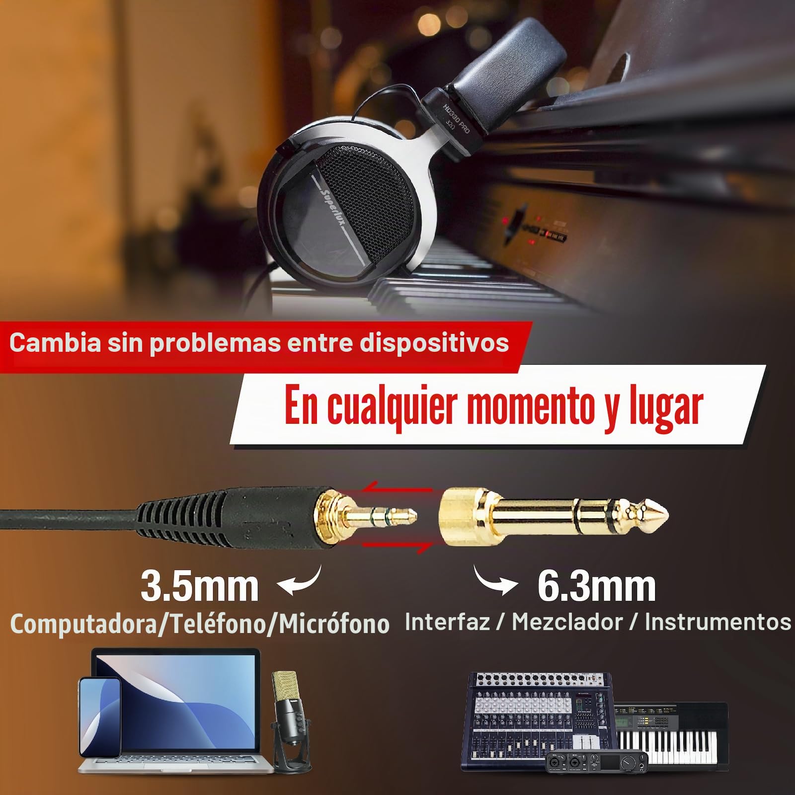 Superlux HD 330PRO, 32 ohmios, auriculares sobre la oreja, auriculares profesionales semiabiertos con cable con controladores de neodimio de 40 mm y graves sólidos, adaptador de conector de 3,5/6,3 mm