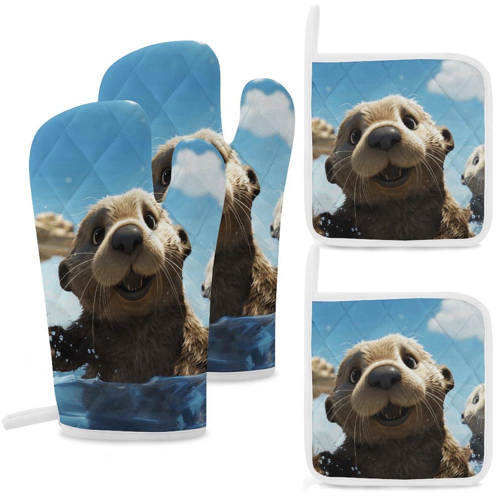 Lovely Sea Otter Print Oven Mitts and Pot Holders Sets Heat Resistant Oven Glove with Hanging Loop for Baking Cooking BBQ Thicken Potholders for Kitchen