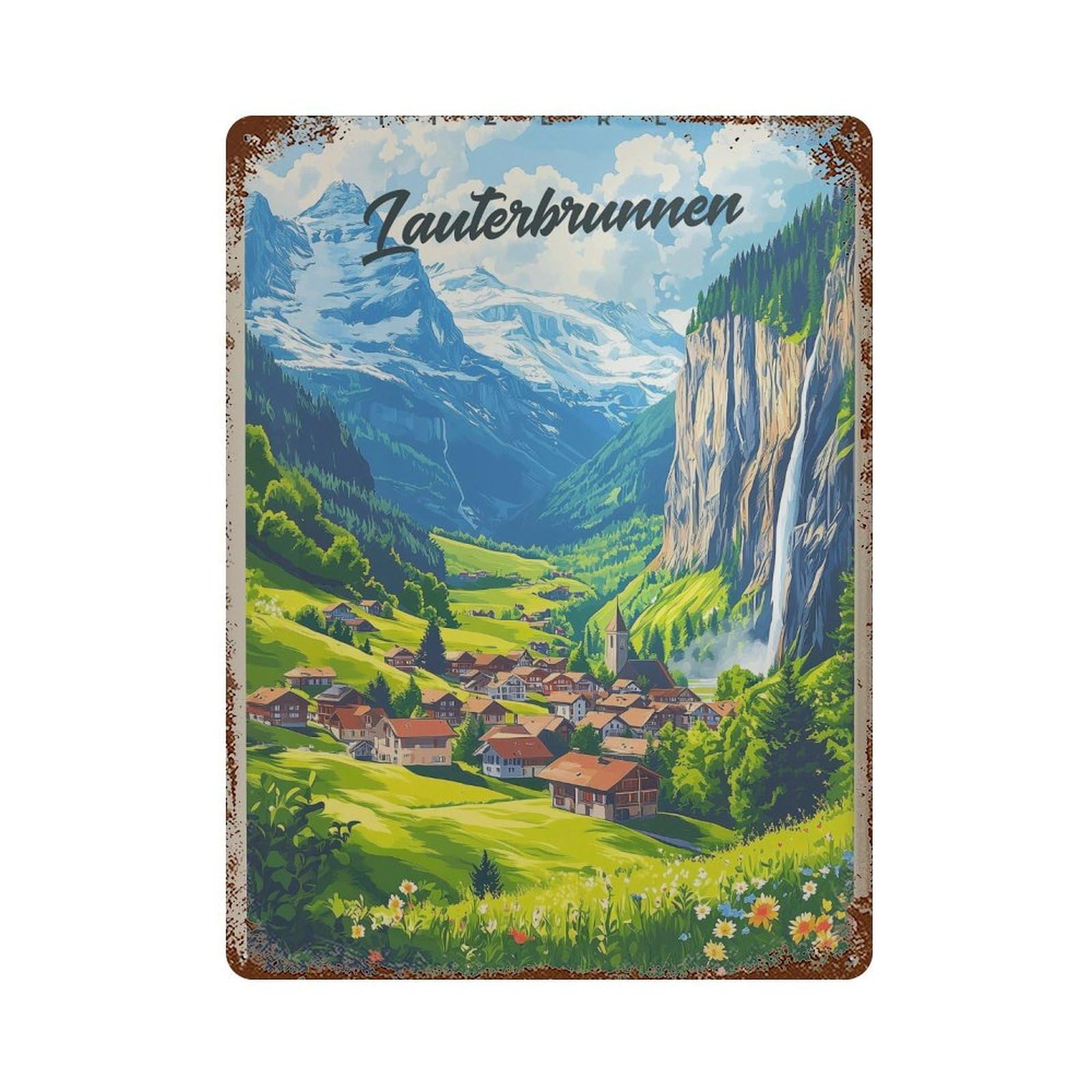 xiaoxiaoshen Lauterbrunnen Switzerland Travel Mountain Village Wall Decor Art Metal Tin Poster Modern Home Decor Art Home Bar Shop Decorations Vintage Sign 40x30cm
