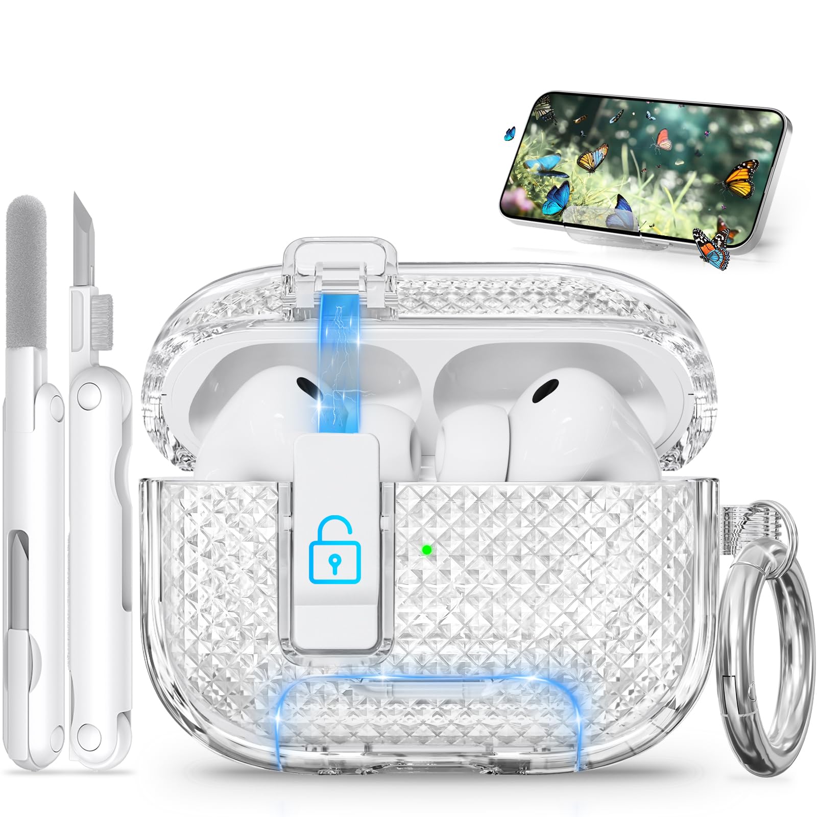 for AirPods Pro 3 Case with Phone Stand &amp; Secure Lock, Auto-Open Clear Case Cover Compatible with Apple AirPods Pro 3rd Generation with Cleaning Kit &amp; Keychain
