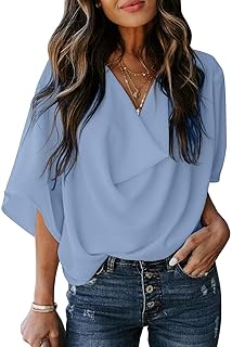yoeasy Women's Loose Draped Cowl Neck Short Sleeve Chiffon Blouse Solid Casual Elegant Top
