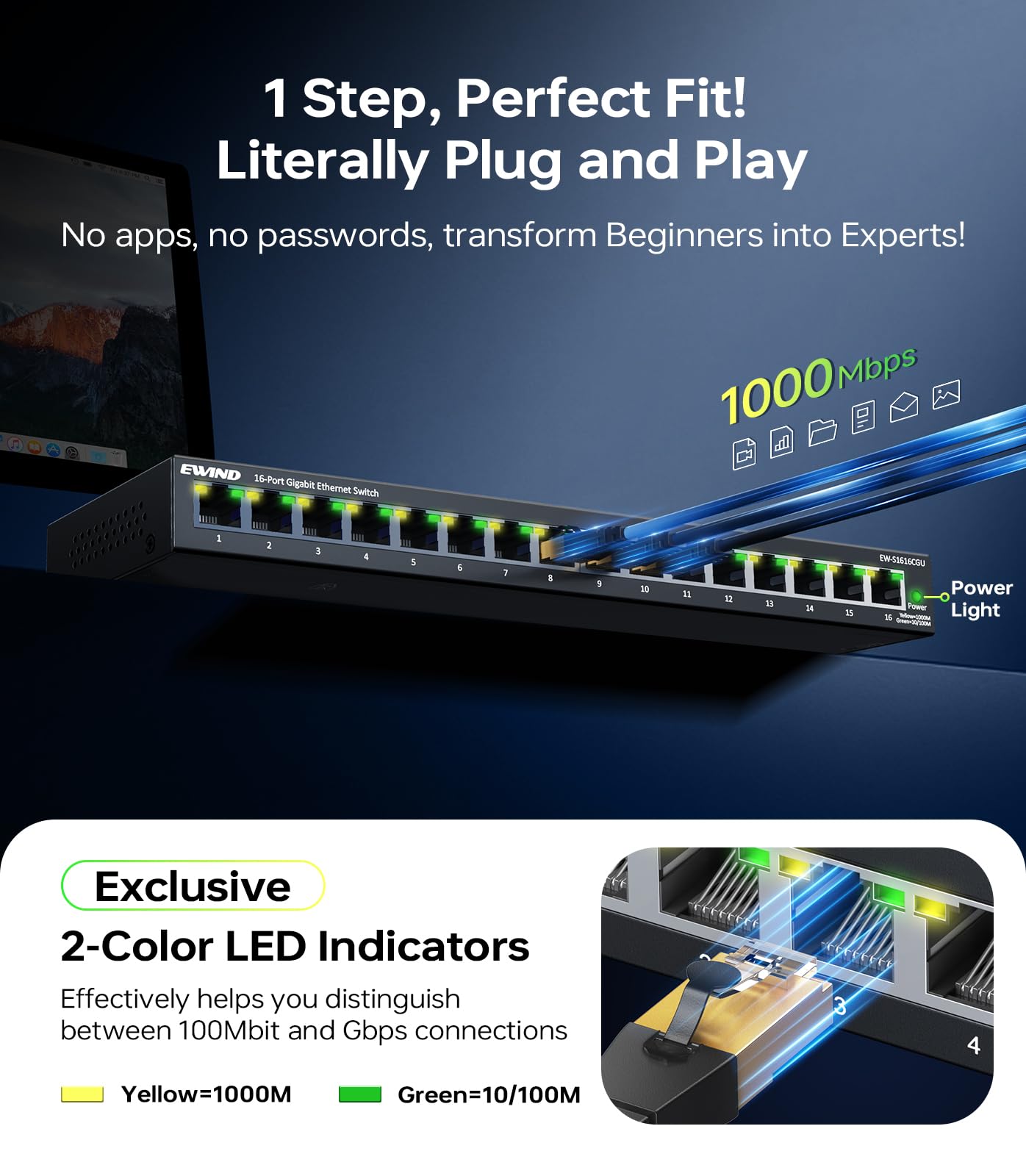 EWIND Commutateur Ethernet Gigabit 16 ports amélioré 2025 avec prévention des LED et des boucles, protection à vie, commutateur réseau non géré Plug & Play, silencieux sans ventilateur, répartiteur