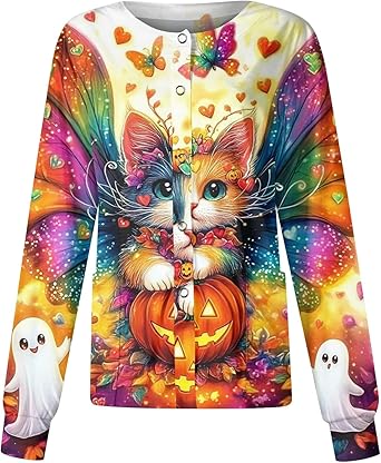 Printed Scrub Jackets for Woman Print Long Sleeve Plus Size Womens Scrubs for Women Nursing Jacket with Pockets