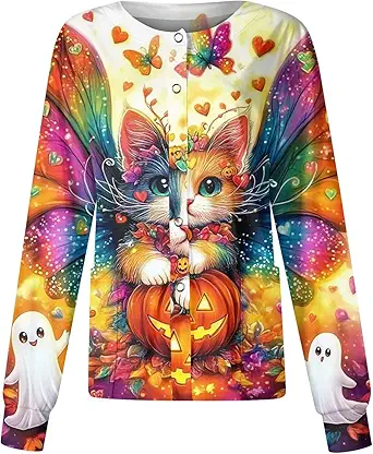 Printed Scrub Jackets for Woman Print Long Sleeve Plus Size Womens Scrubs for Women Nursing Jacket with Pockets