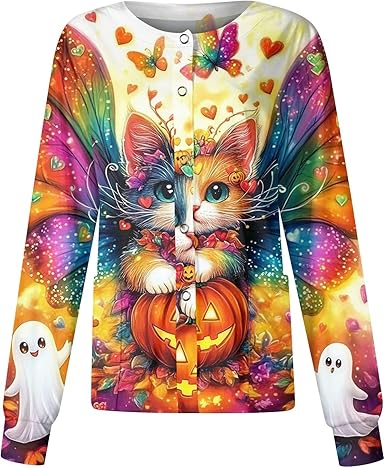 Printed Scrub Jackets for Woman Print Long Sleeve Plus Size Womens Scrubs for Women Nursing Jacket with Pockets