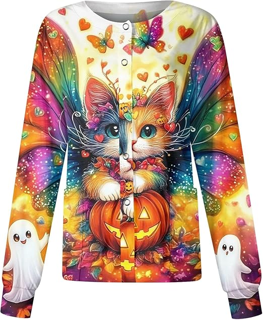 Printed Scrub Jackets for Woman Print Long Sleeve Plus Size Womens Scrubs for Women Nursing Jacket with Pockets