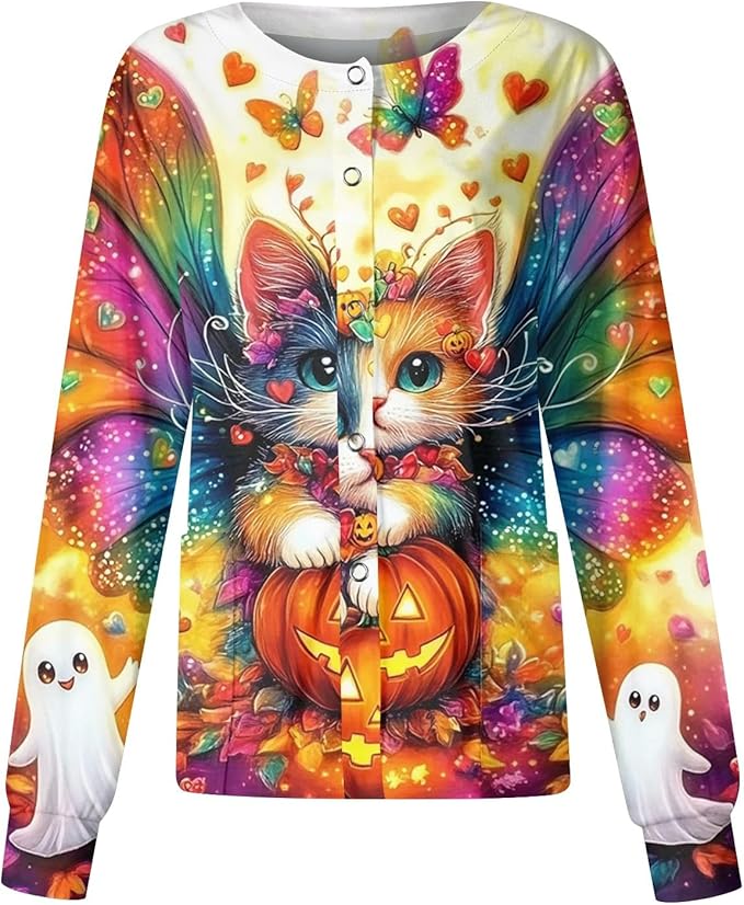 Printed Scrub Jackets for Woman Print Long Sleeve Plus Size Womens Scrubs for Women Nursing Jacket with Pockets