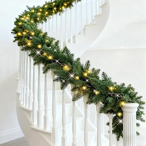 Miniatura 2 de Paquete de 2 guirnaldas de Navidad preiluminadas de 9 pies con luces, guirnalda de Navidad impermeable con temporizador, decoración artificial de