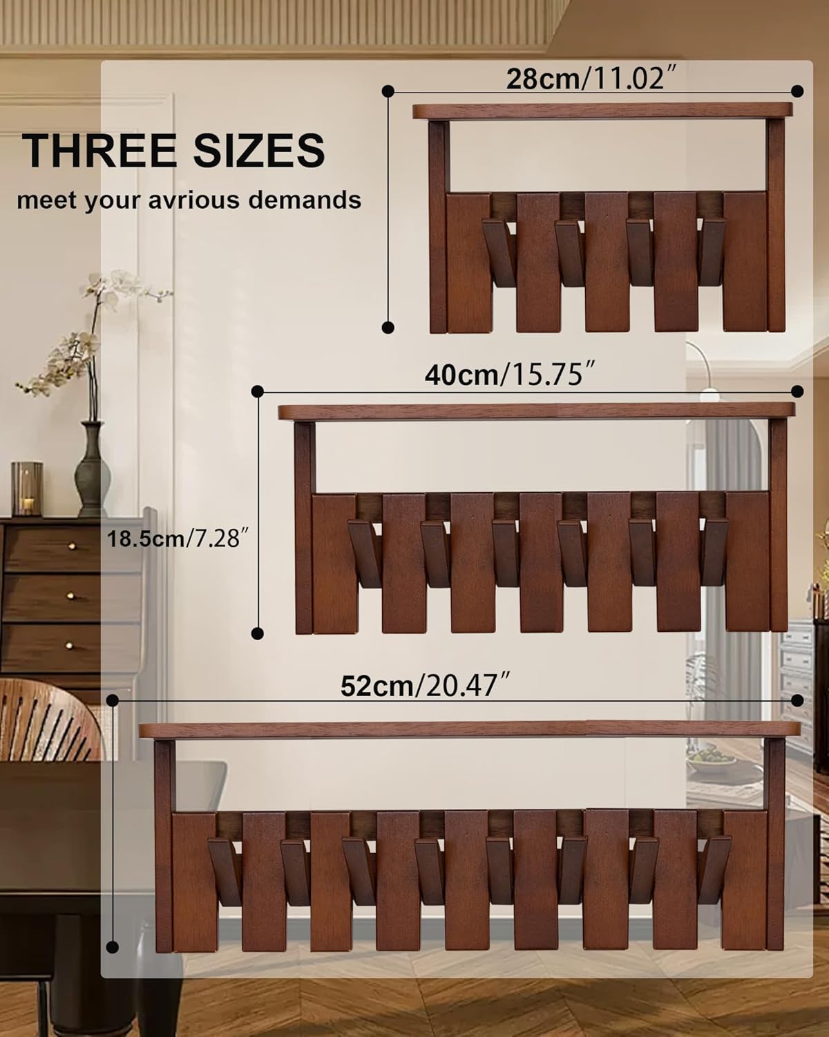 Wooden Coat Rack Wall Mount with Shelf, Heavy Duty Entryway Organizer with 6 Hooks,Coat Hooks Hanger for Coats, Hats, Bags & Towels, Walnut Wall Hanger for Hallway, Bedroom, Kitchen (6 Hooks)