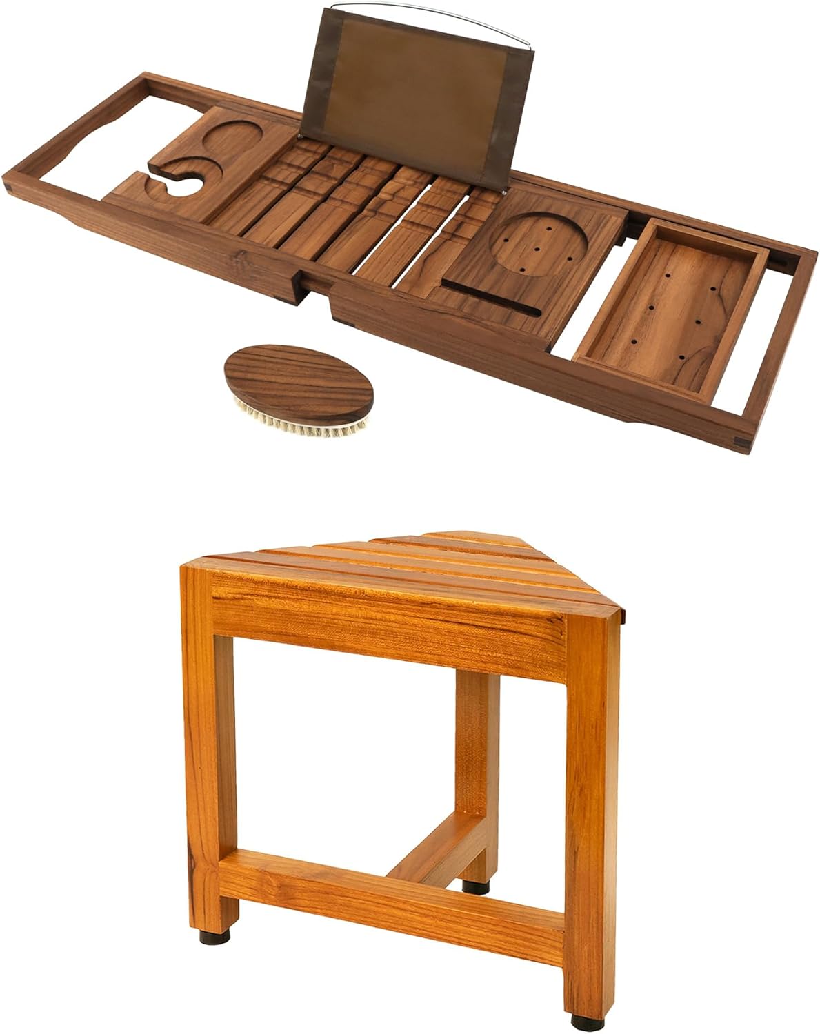 VaeFae Premium Teak Bathtub Tray and Teak Shower Corner Bench Small