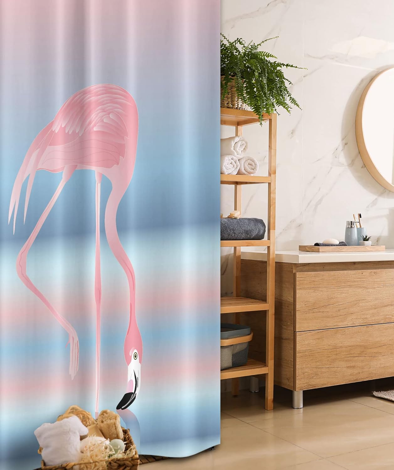 Ambesonne Flamingo Stall Shower Curtain, Illustration of Royal Animal in The Lake Soft Pale Romantic Colors Art Work, Fabric Bathroom Decor Set with Hooks, 36" W x 72" L, Pink Blue