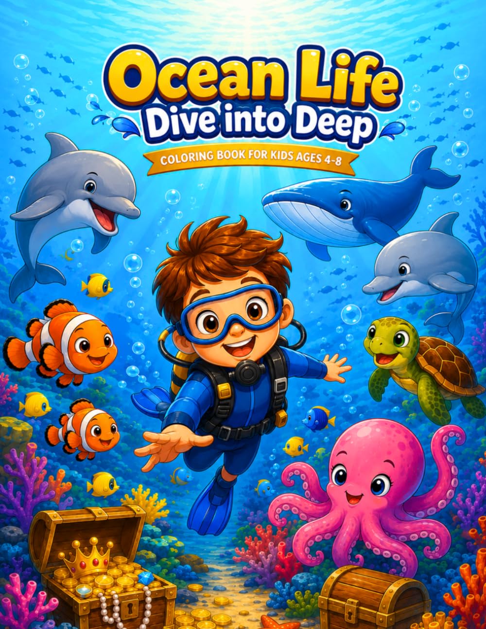 Ocean Life Dive into Deep Coloring Book: 60 Adorable Underwater Illustrations for Kids 4-8