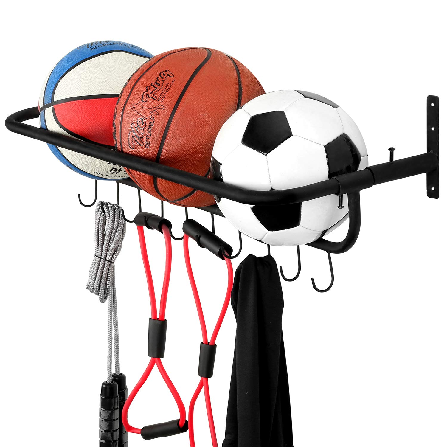 MyGift Black Metal Wall Mounted Basket Ball Holder and Sports Equipment