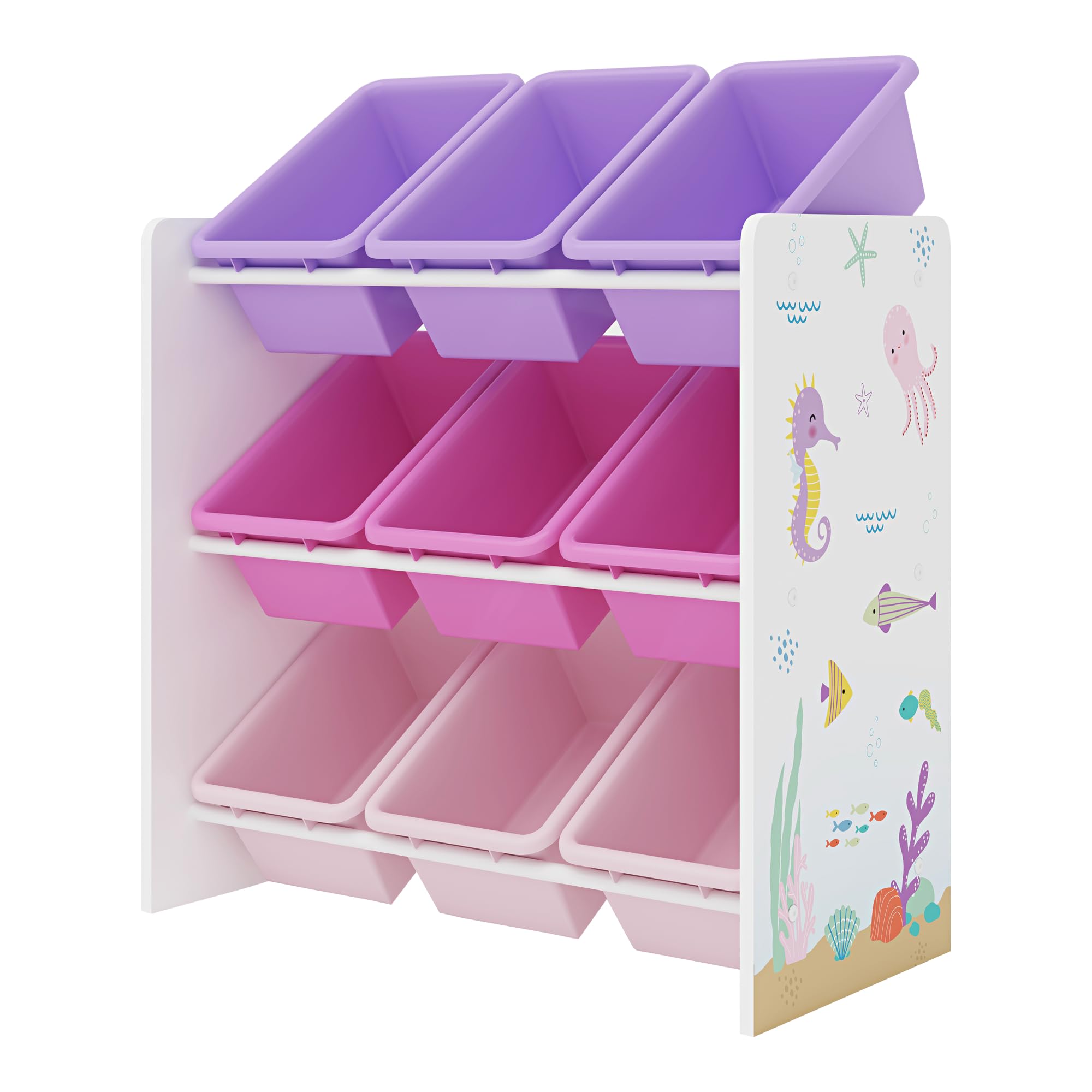 [en.casa] Étagère pour Enfant à 9 Bacs Ouverts Amovibles Meuble de Rangement Jouets à Motif Océan Panneau de Particules Plastique Métal 60 x 62 x 27 cm Blanc Rose Violet
