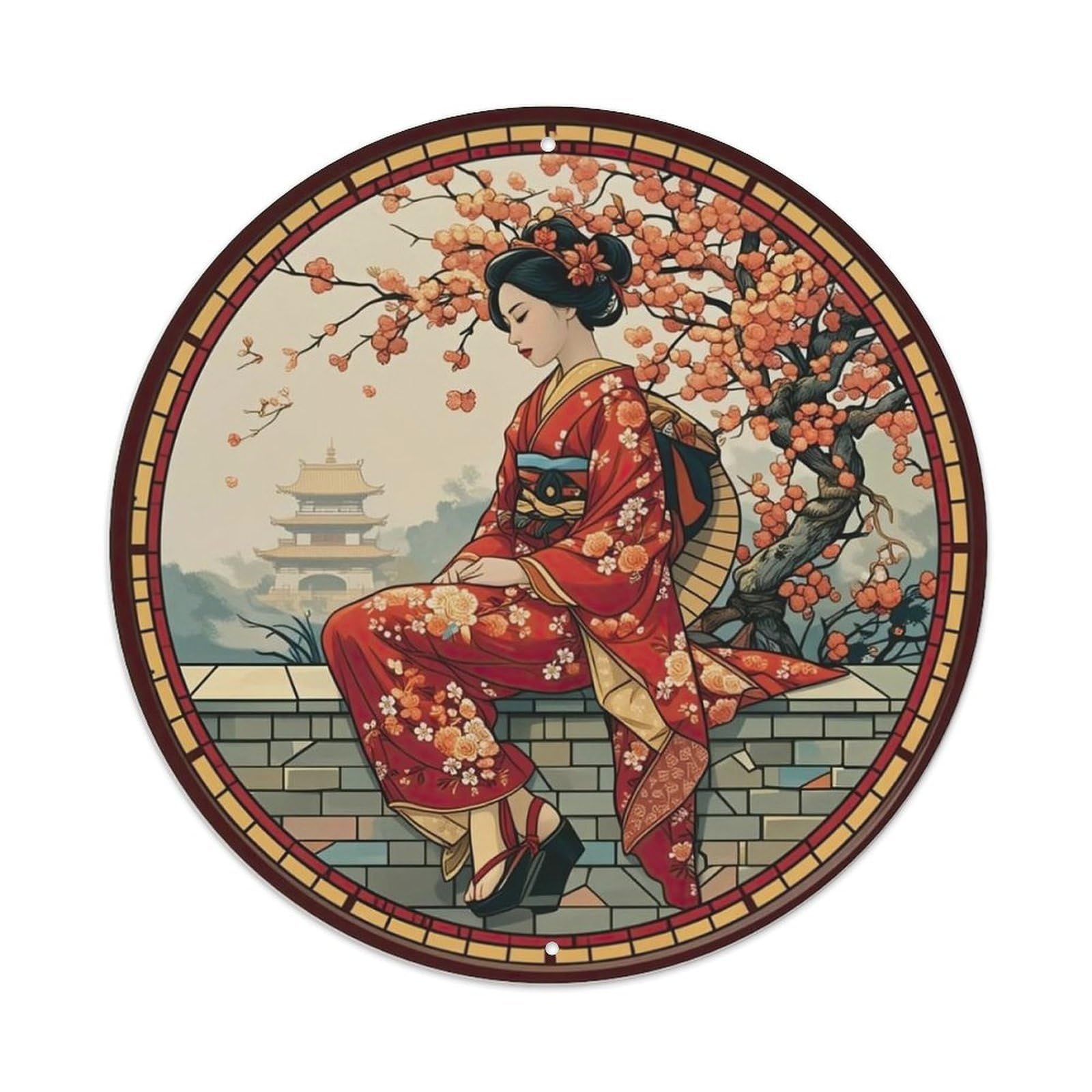 Traditional Japanese Kimono Cherry Blossom Garden Metal Tin Sign
