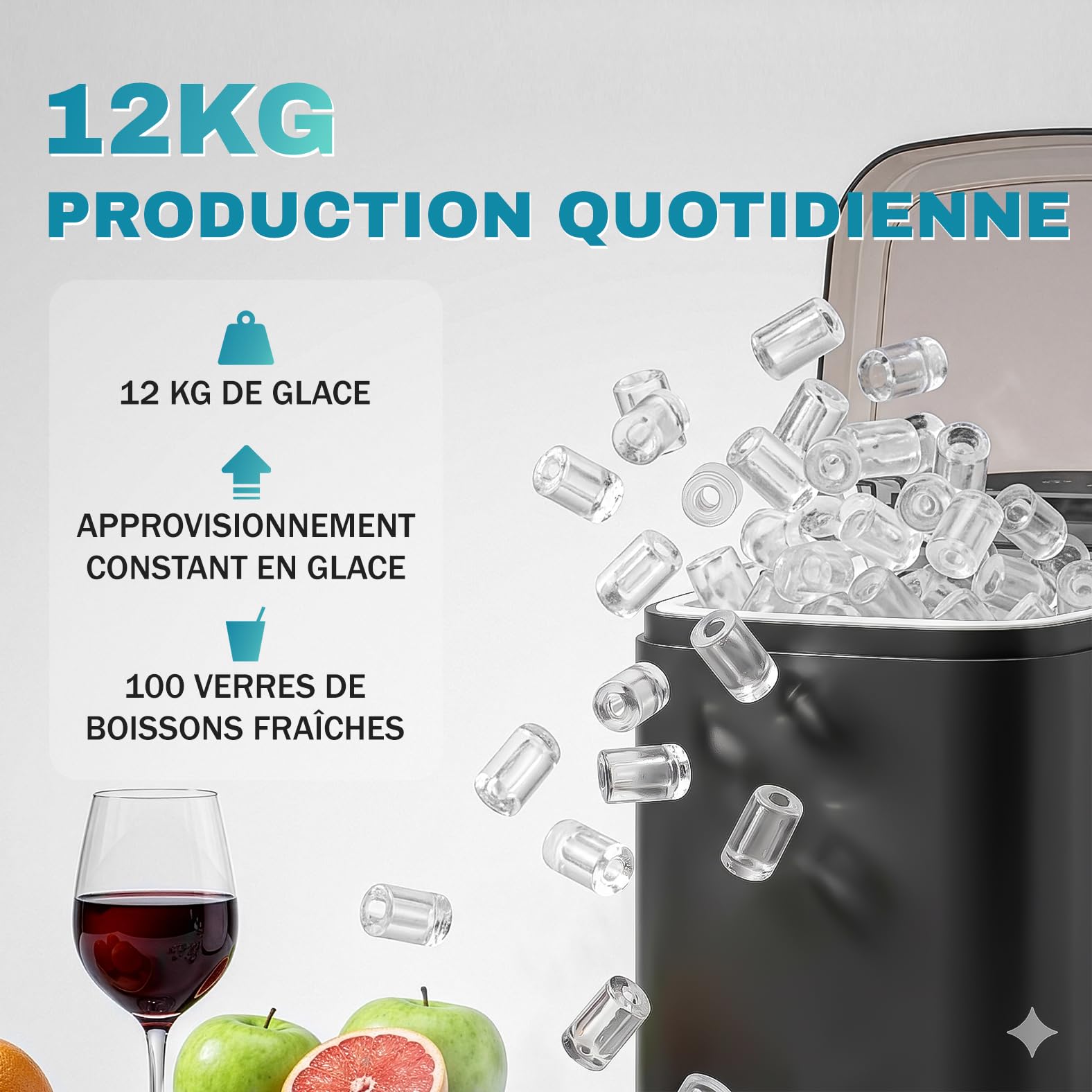 LEADZM Machine à Glaçons 12 kg/24h, 9 Glacons en 6-10 Minutes, 2 Tailles de Glacons,Machine a Glacons avec Poignée portable pour la Maison, la Fête, le Bureau et le Camping (Noir)