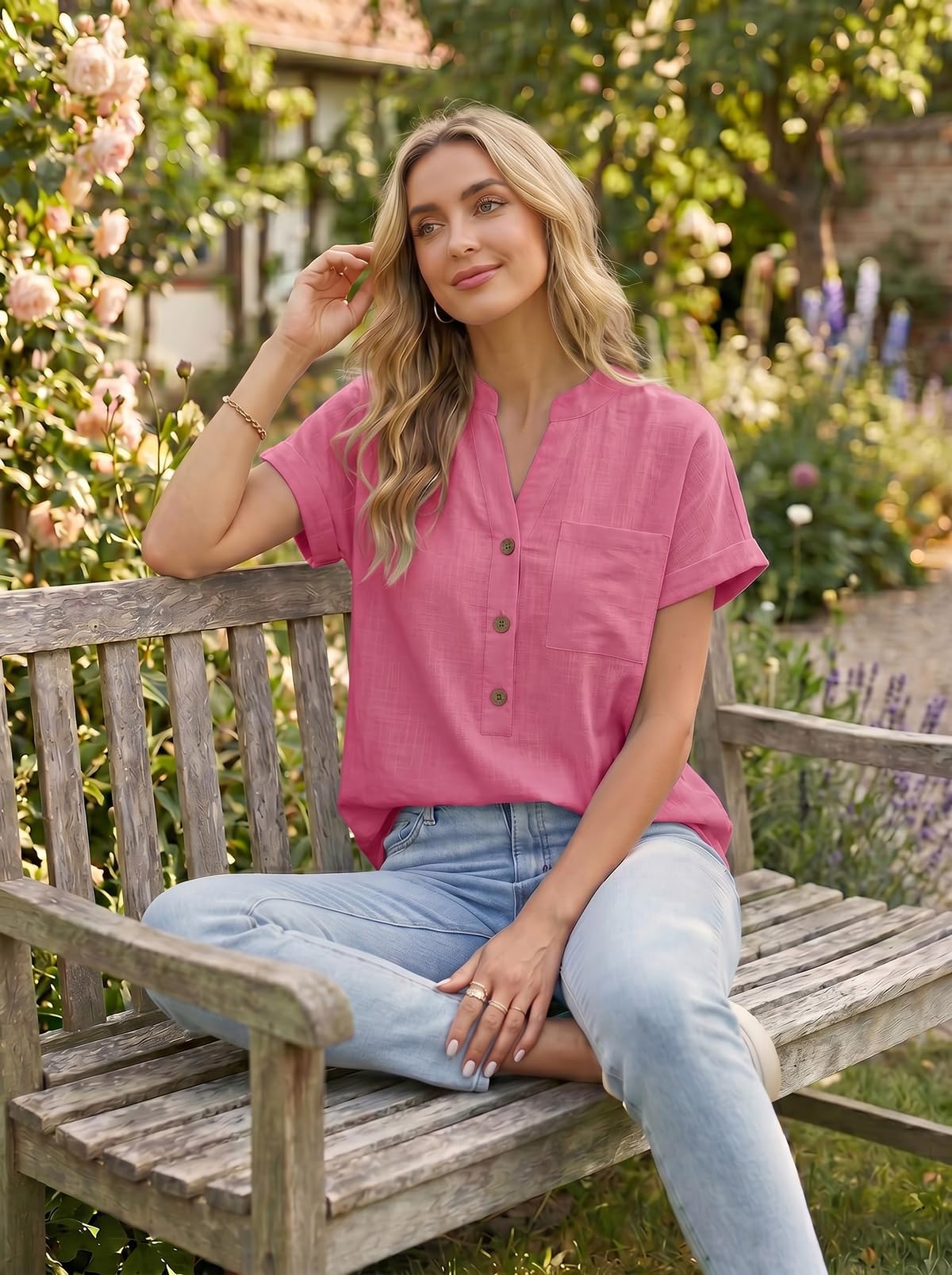 YUTILA Camicia da donna a maniche corte in lino Henley Estate con tasche sul petto