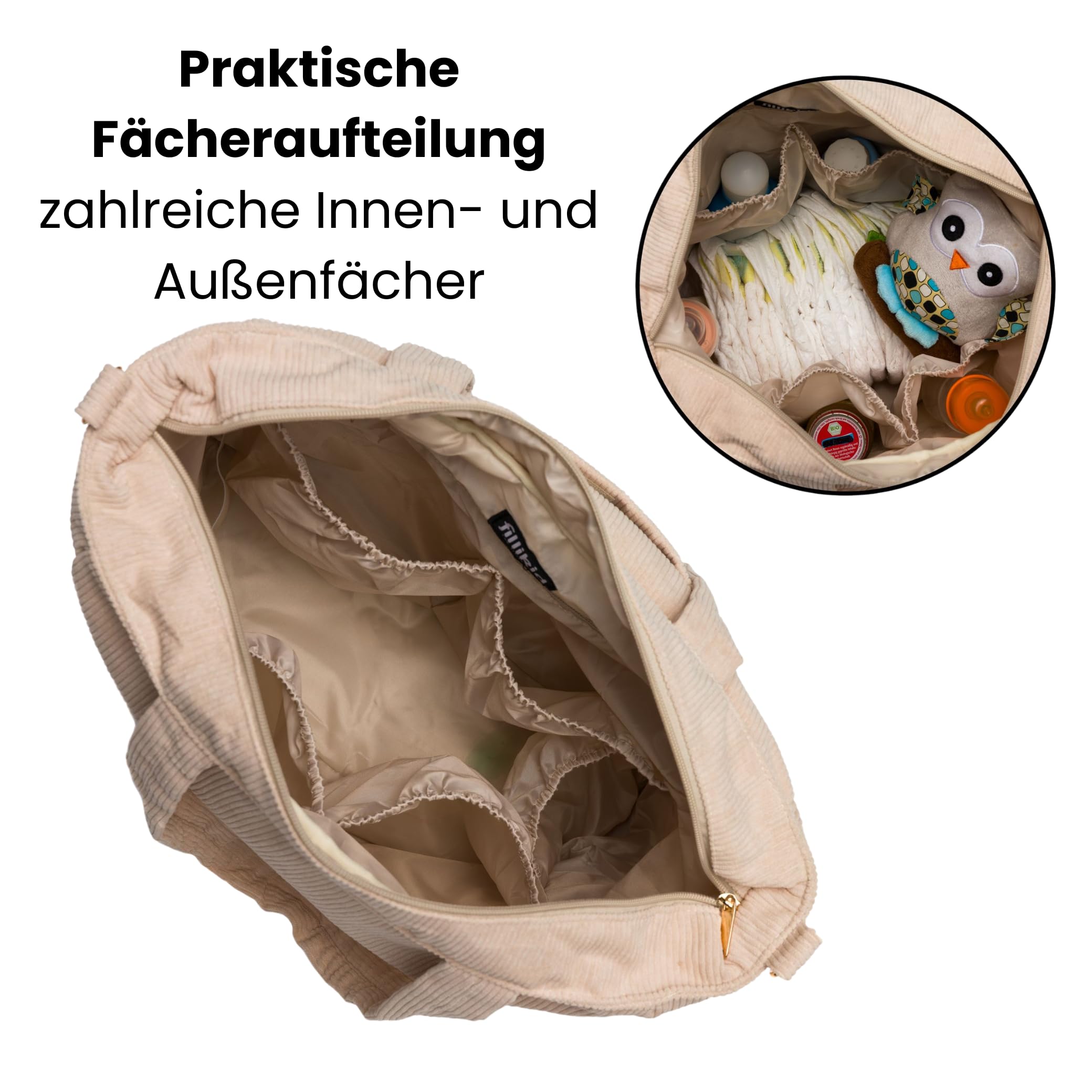 Fillikid Wickeltasche Cord Exclusiv| Baby Windeltasche Mom Bag | Inkl. Wickelauflage, Thermotasche, viele Fächer, Schultergurt & Haken für Kinderwagen | Wickel Organizer ab Geburt & Kliniktasche