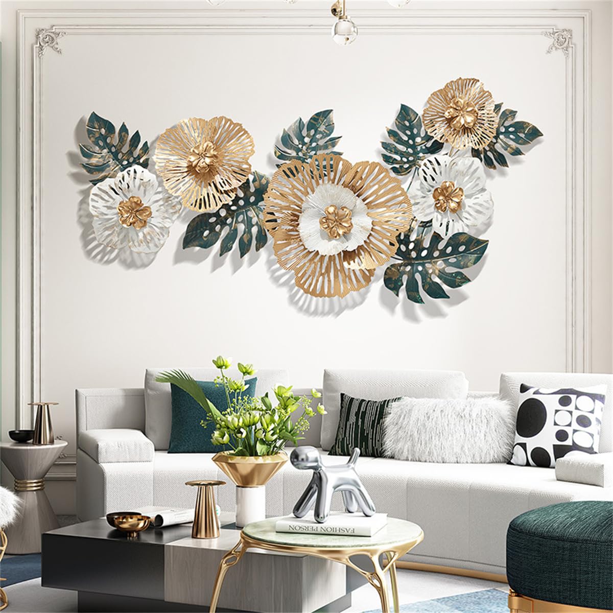 Lot De 3 Décorations Murales En Métal Fleurs - Sculpture Murale Minimaliste - Dimensions 36 Cm - Rose Et Doré