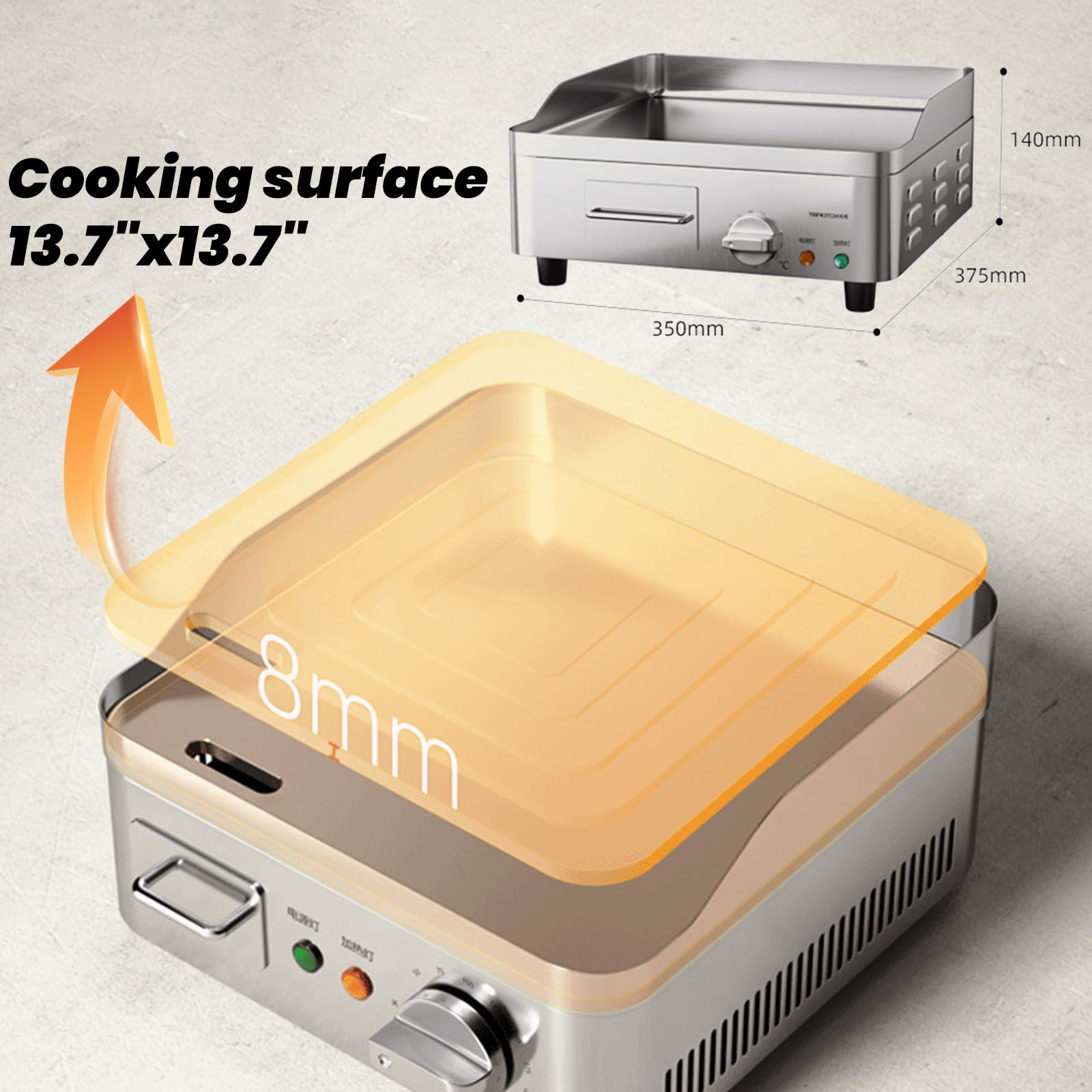 Piastra Elettrica Griglia 13,7", Griglia da Banco Elettrica Commerciale, Griglie Piane in Acciaio Inox Antiaderenti per Cucina Ristorante con Controllo della Temperatura Regolabile 2000W 220V