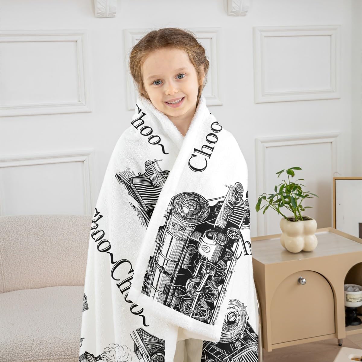 Retro Train Kids Blankets,Black Sketch Steam Locomotive Train Throw Blanket for Boys Teens Girls Room Decor,Old Transportation Car Fleece Blanket Soft White All Season Sherpa Blanket