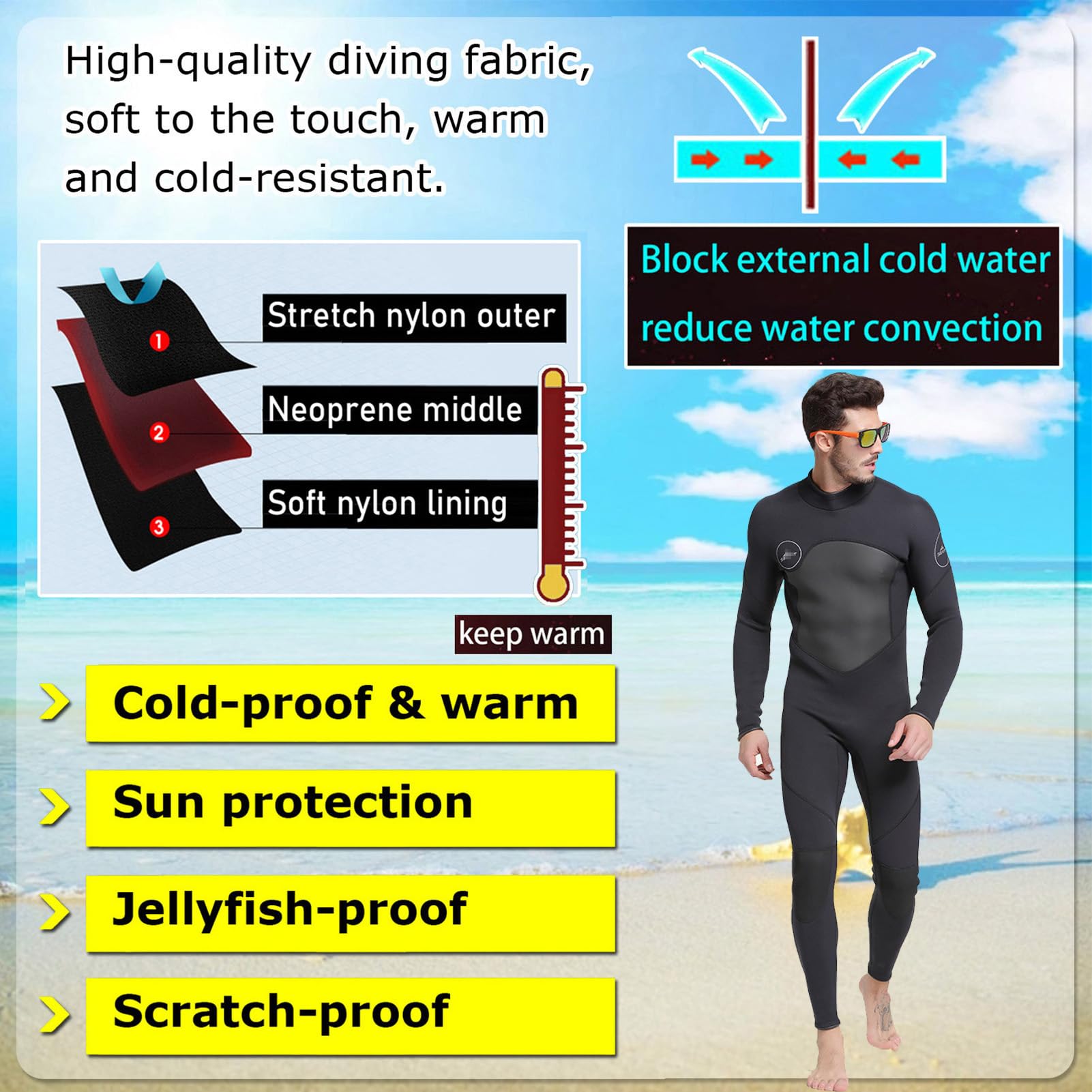 3MM Einteiliger Neoprenanzug Herren Langarm Sonnencreme Warmer Tauchanzug Kältebeständiger Anti-Qualle Zum Surfen Schnorcheln