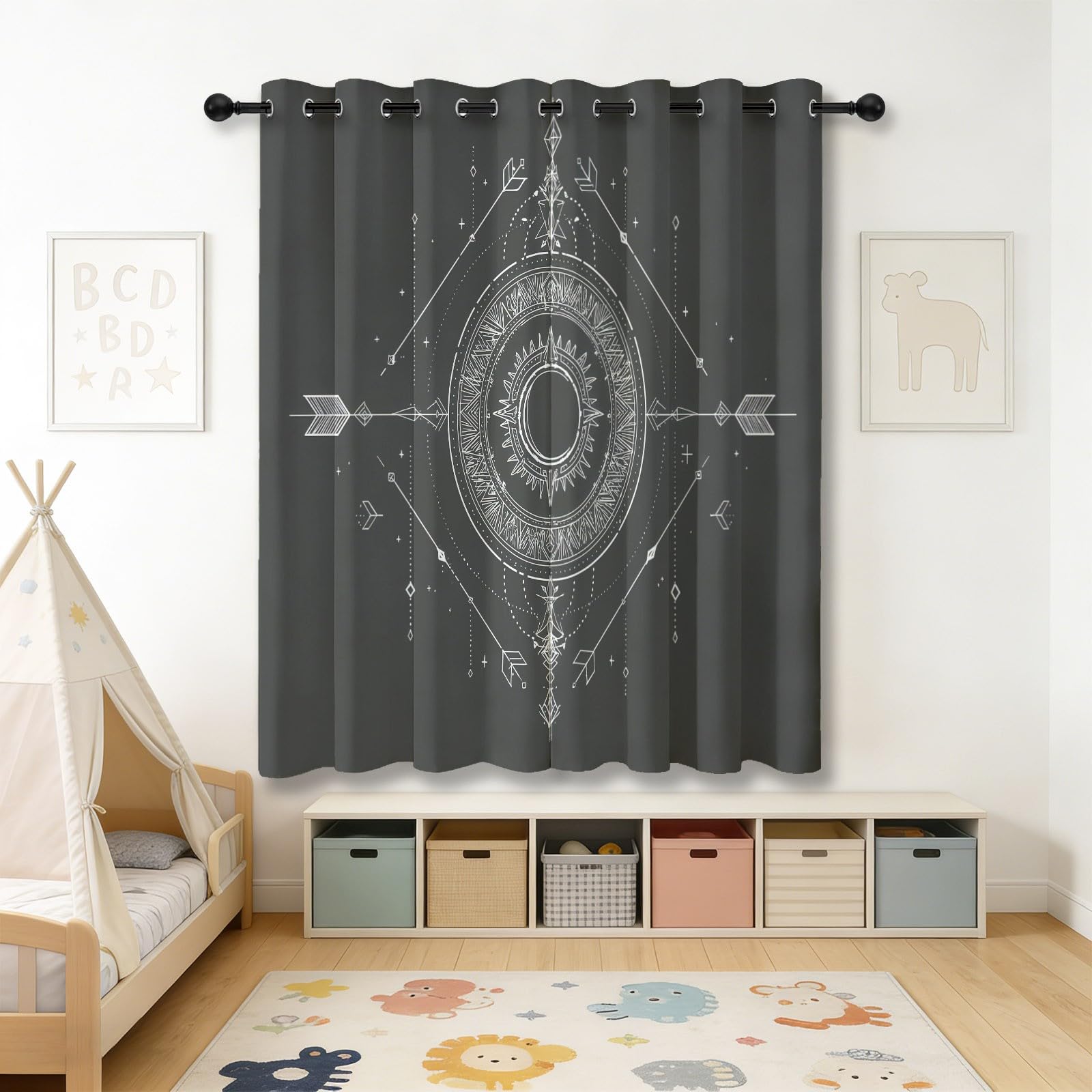 Rideau Isolan Mandala Géométrie bohème 2 Rideaux Imprimé Thermiques Anti Froid/Chaleur Gris foncé avec Oeillets Élégant pour Salon Chambre Maison 91.5L X 214H cm (2 Panneaux)