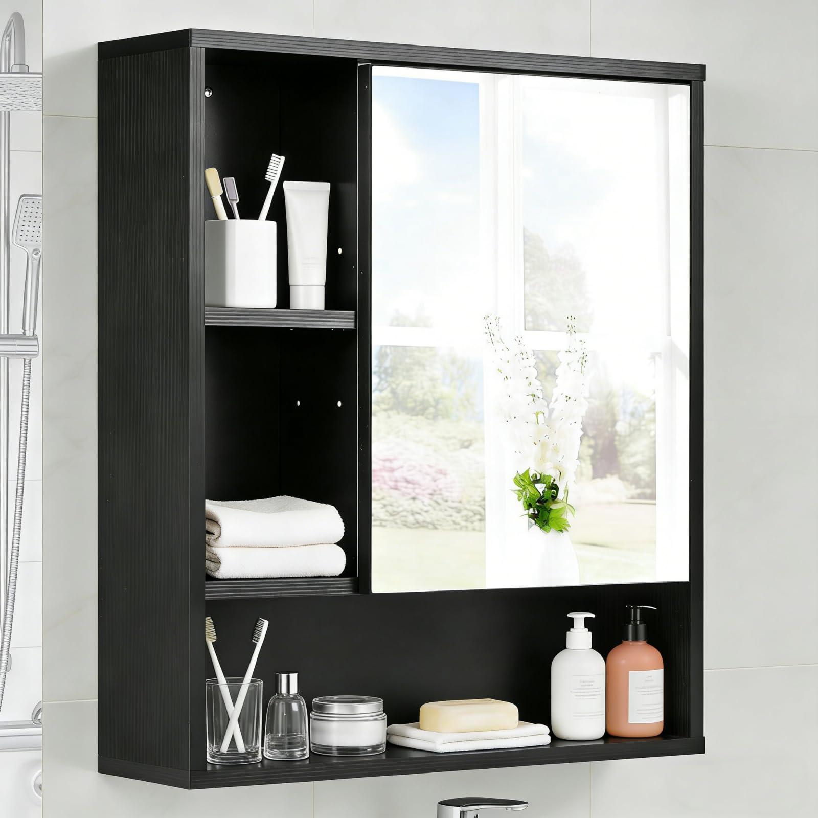 LIFEZEAL Armadietto da Parete per Bagno con Specchio, Mobile per Bagno con Mensola Regolabile e Rimovibile, Scomparto Aperto, Porta a Specchio, per Soggiorno, Ingresso, 55 x 16 x 61 cm (Bianco) - 4