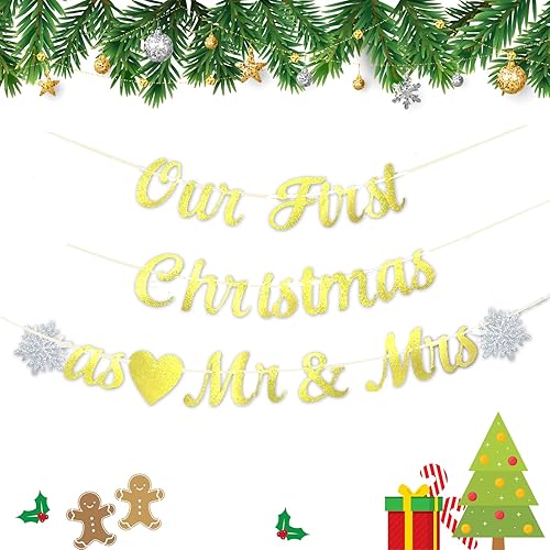 Holkcog Decoraciones de "Our First Christmas as Mr and Mrs", 28 piezas, suministros de decoración de boda feliz, decoración de Navidad para recién