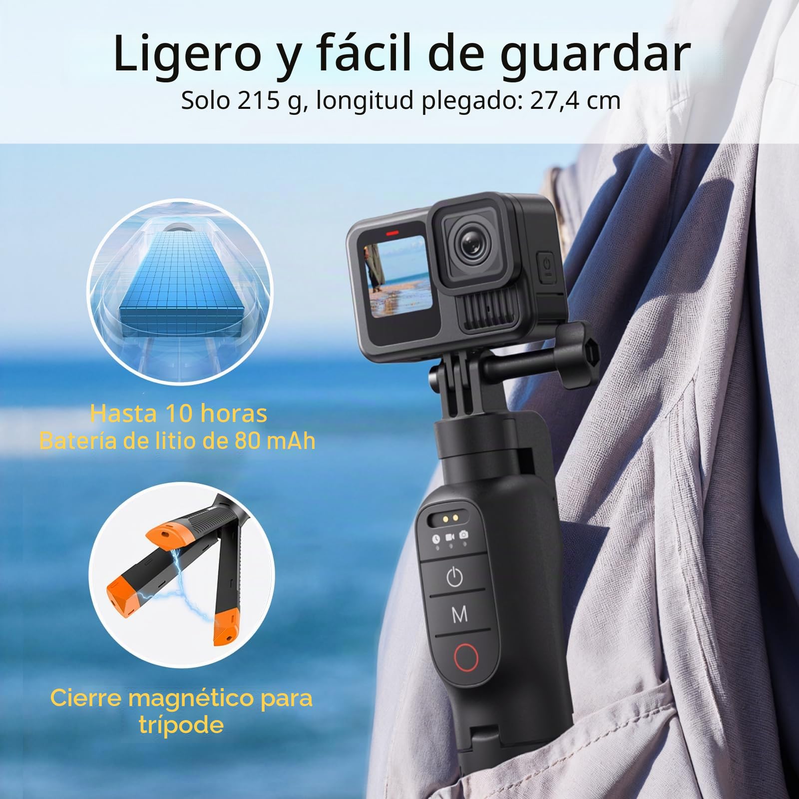 Trípode para Selfie con empuñadura Flotante, Impermeable, Extensible, monopié para Selfie con Control Remoto Bluetooth para cámaras de acción Go Pro Hero 13,12,11,10,9,8 Black