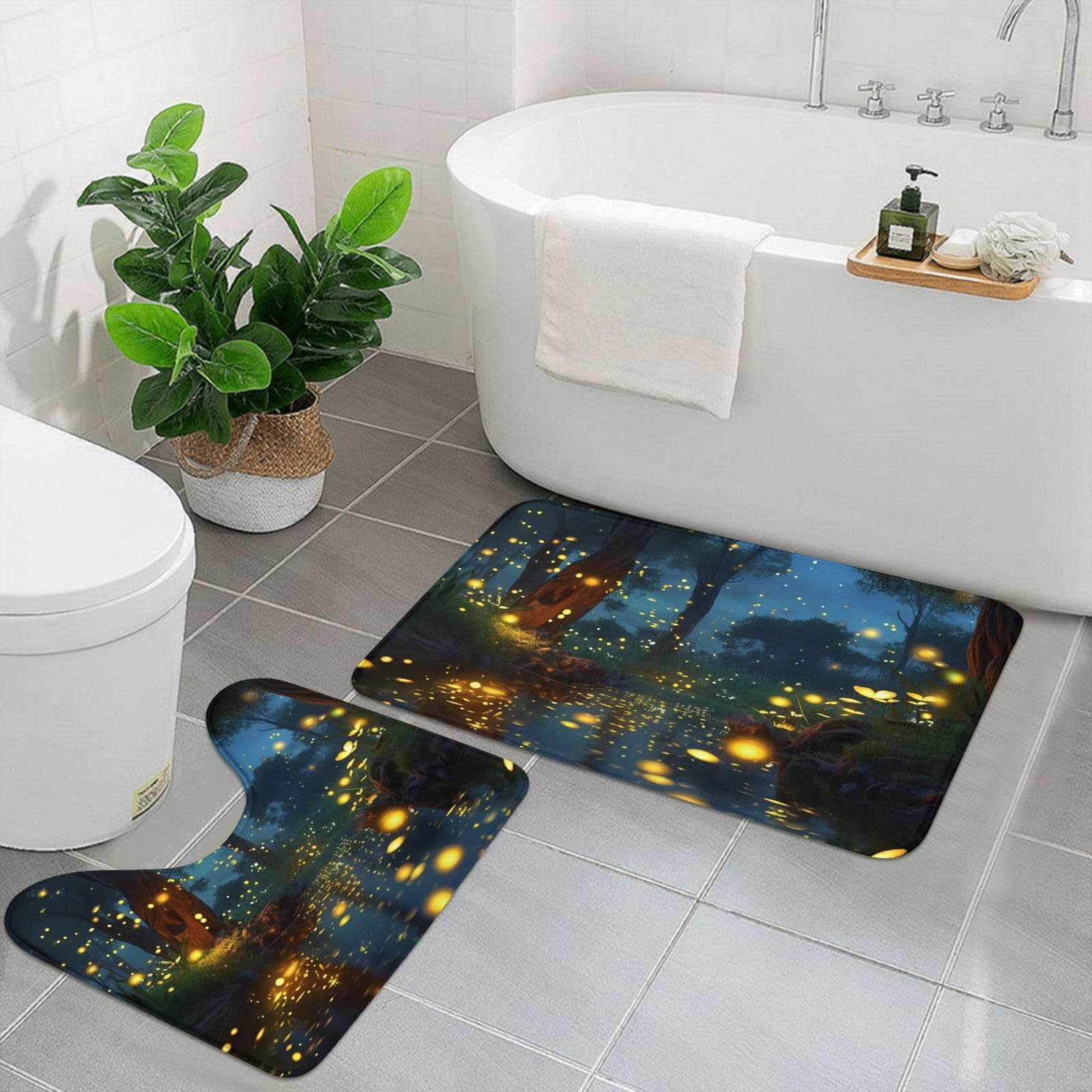 Tapis de bain en microfibre Fireflies pour sortie de douche sécurisée et contour WC en U