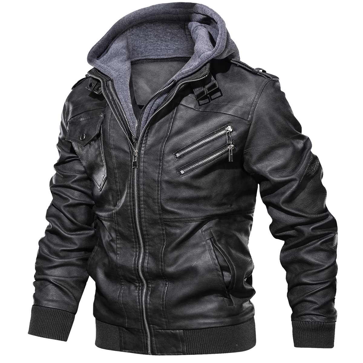 CARWORNIC Mens Faux Leather Jacket Casual Brown Motorcycle Jacket with Removable Hood