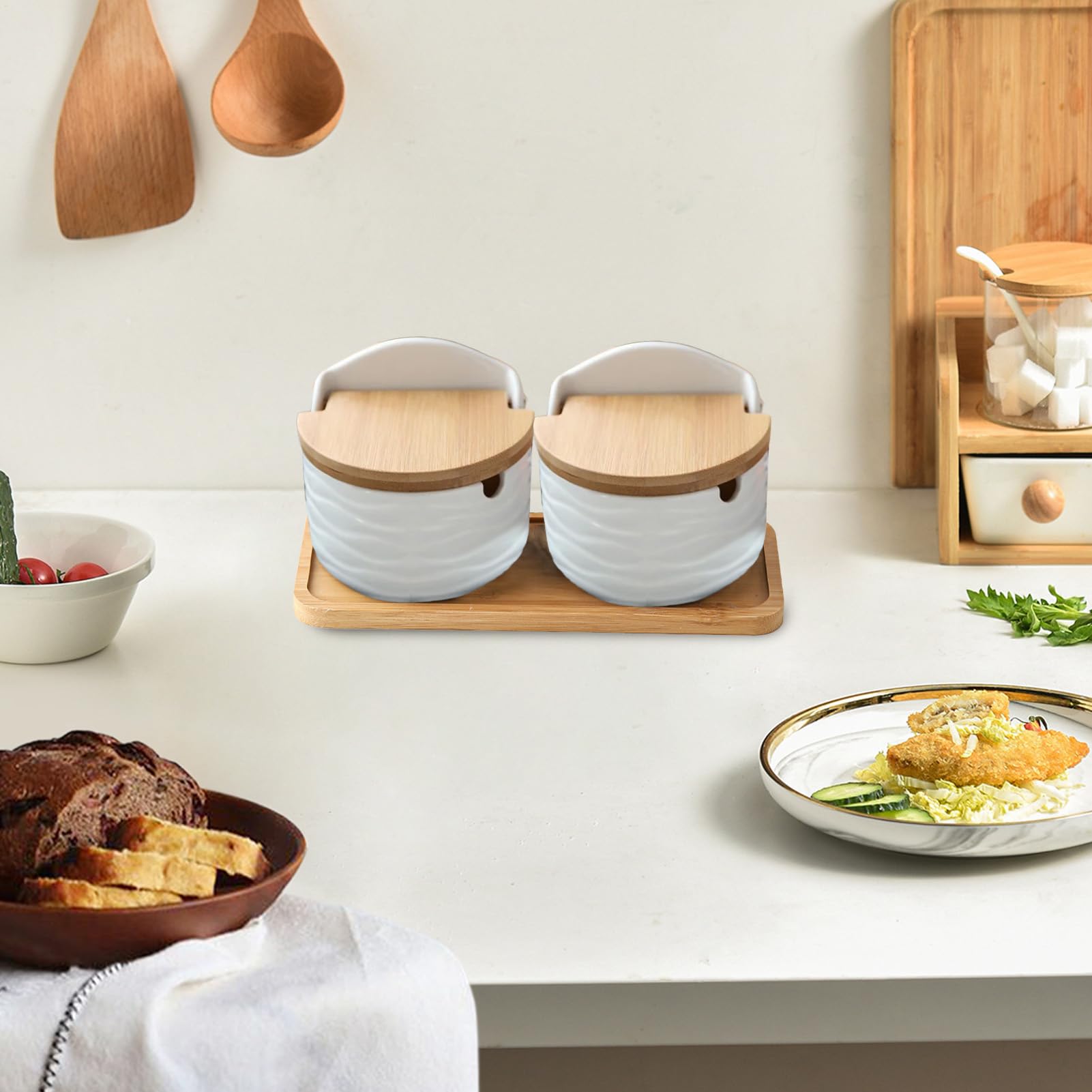 Saliera Con Coperchio, 2 Contenitori In Ceramica Con Cucchiaio