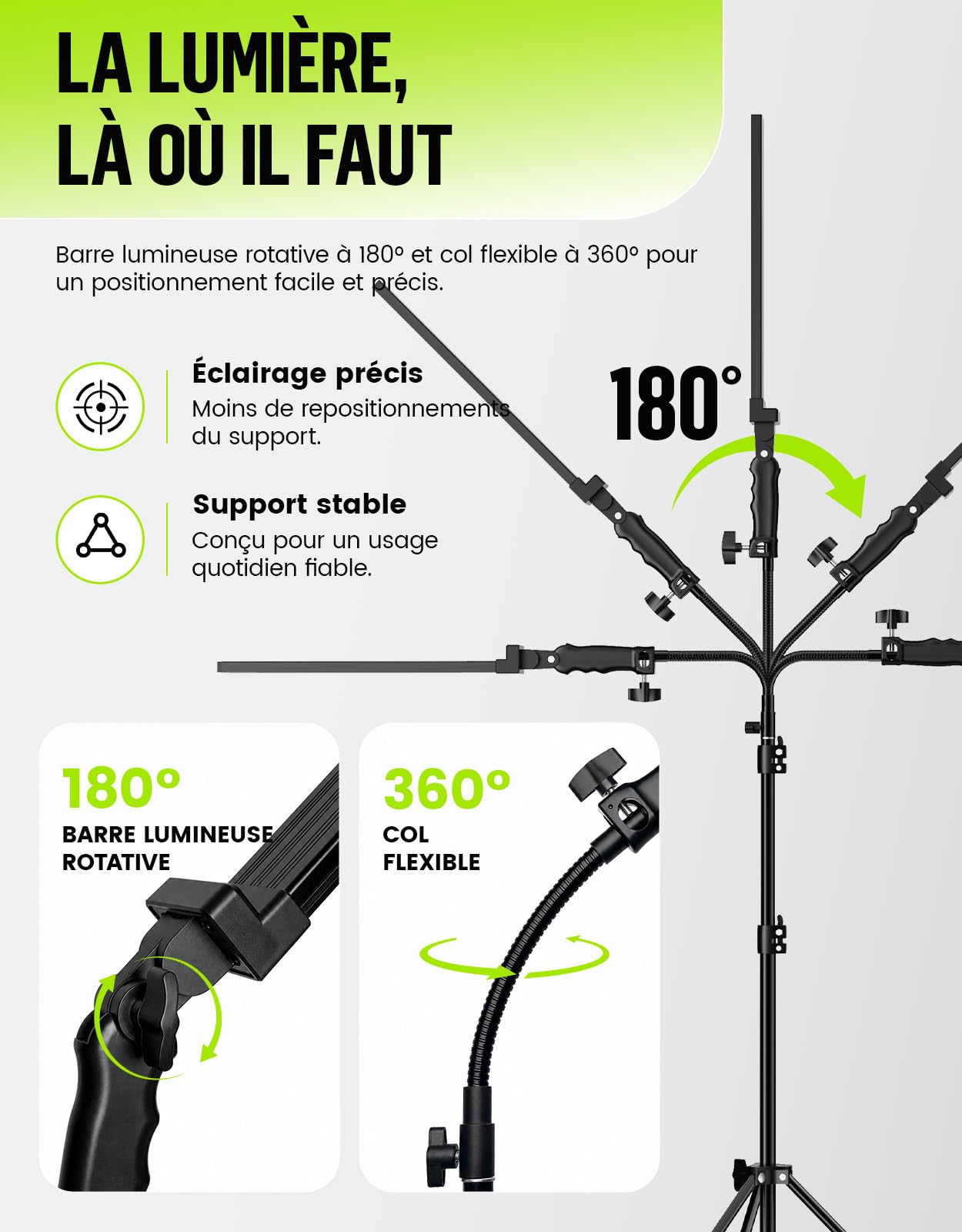Kit d'éclairage LED pour Photographie - Sac et Tube Souple - Réglable à 180° - Trépied de lumière réglable en Hauteur de 2 m - pour beauté, Sourcils, Maquillage, Portraits et Produits