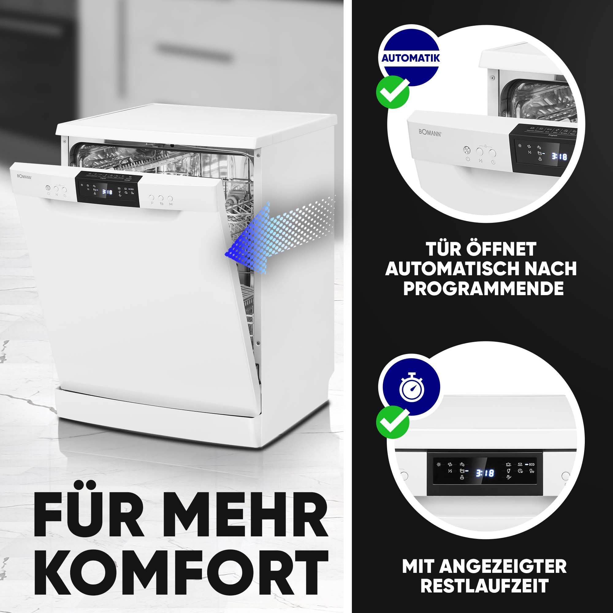 Bomann GSP 7419 Geschirrspüler 60 cm 14 Maßgedecke Stand Unterbau 7 Programme 2 Sprühebenen Startvorwahl weiß