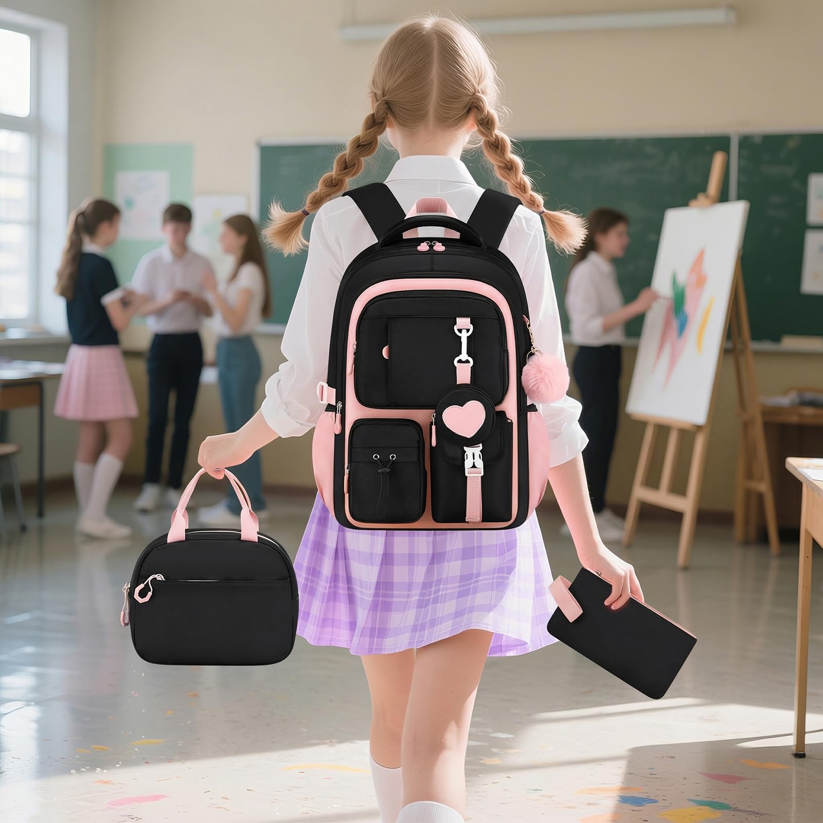Amythe Set 4 pièces Sac d'école Fille 3e-7e École Voyage