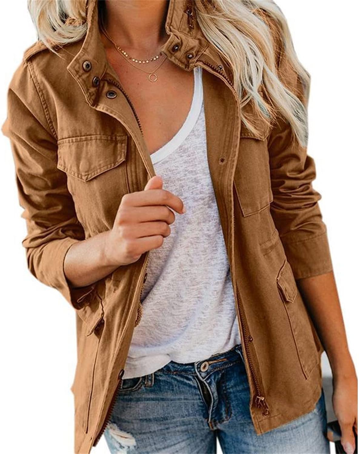 JEsilunmaMY Women's Military Jacket Safari Coat Outwear Zip Up Snap Buttons Cargo Anorak Lightweight Jacket with Pockets