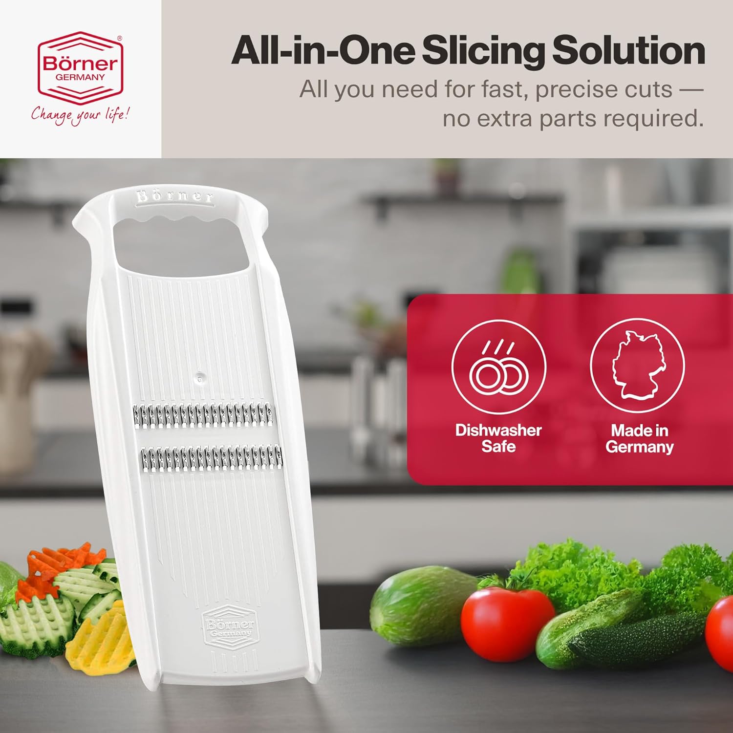 Swissmar Börner PowerLine Thin Julienne Vegetable Slicer – Precision Mandoline Slicer for Potatoes, Zucchini, & Hard Fruits - Perfect for Vegetable Salad – Essential Kitchen Gadgets - White