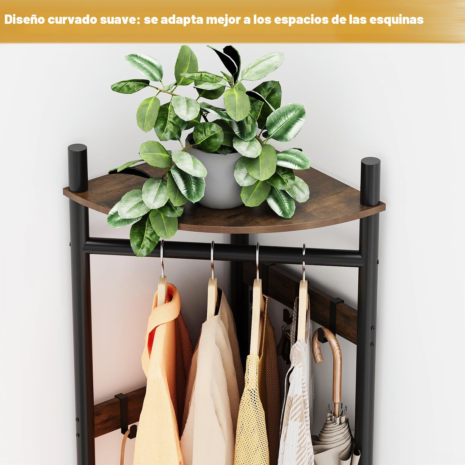 VEDECASA Perchero de esquina con 4 estantes y zapatero, 6 ganchos, ahorro de espacio, para pasillo, dormitorio y entrada, marrón