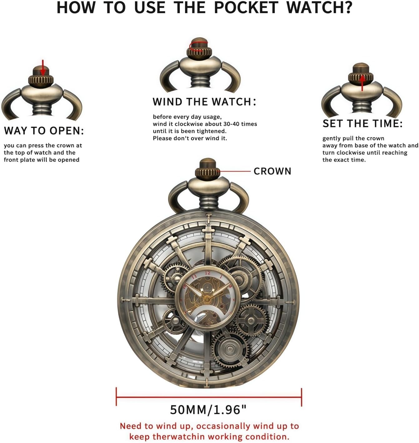 Steampunk Pocket Watch Skeleton Mechanical Gear Hand-Wind Roman Numerals Antique Chain Mens