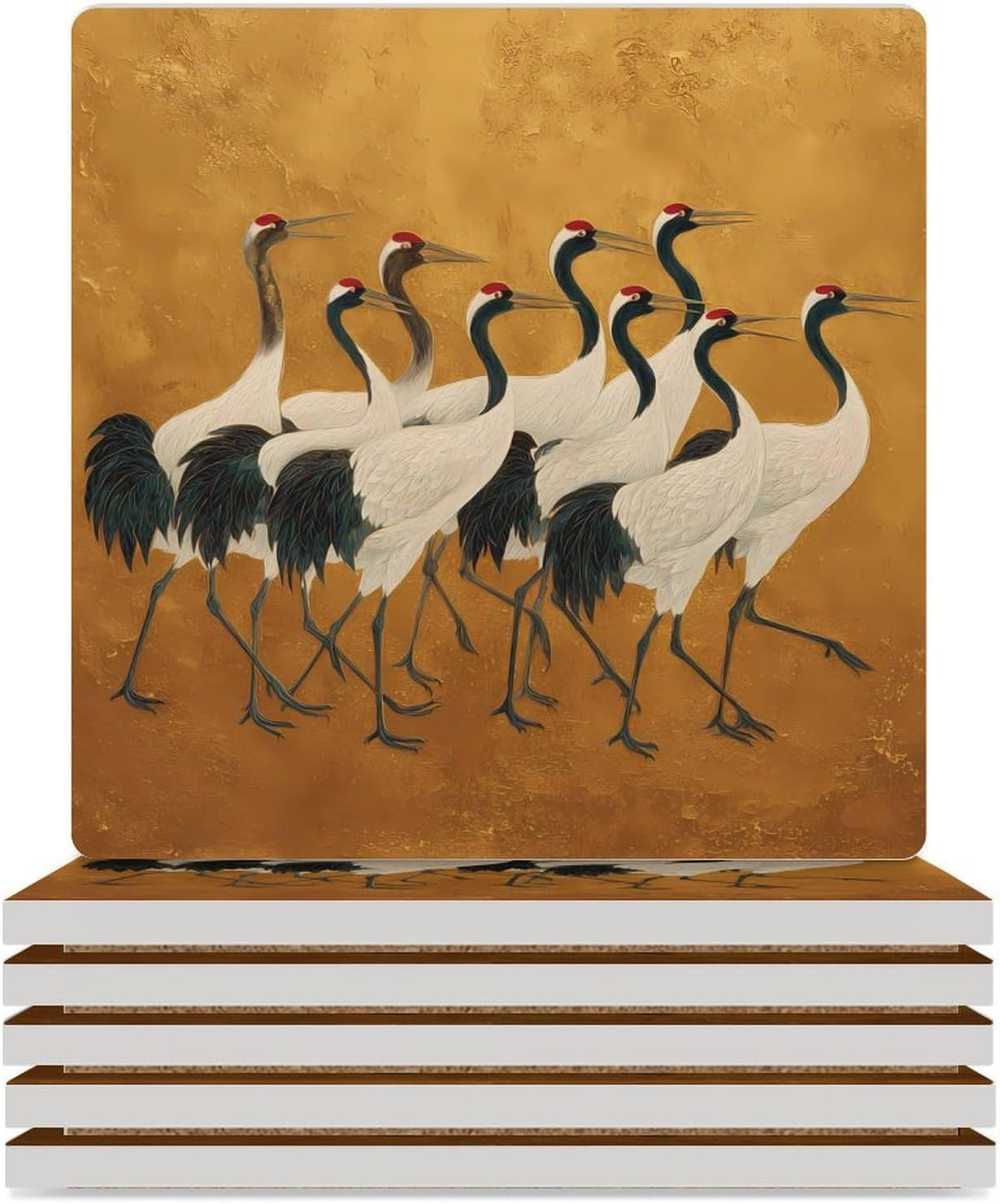 Japanese Crane Bird Coaster for Drinks Square Ceramic Table Coasters Stone Mat Crafts 6PCS Home Kitchen Decor