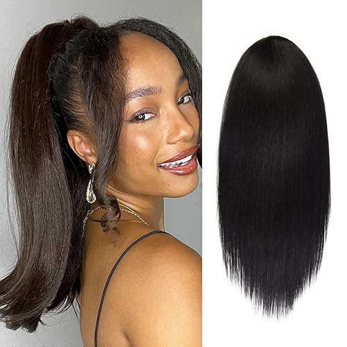 GLAM21USA Extensión de cola de caballo recta de 18 pulgadas de largo con cordón para mujeres negras, extensión de cabello natural con clip, pieza de